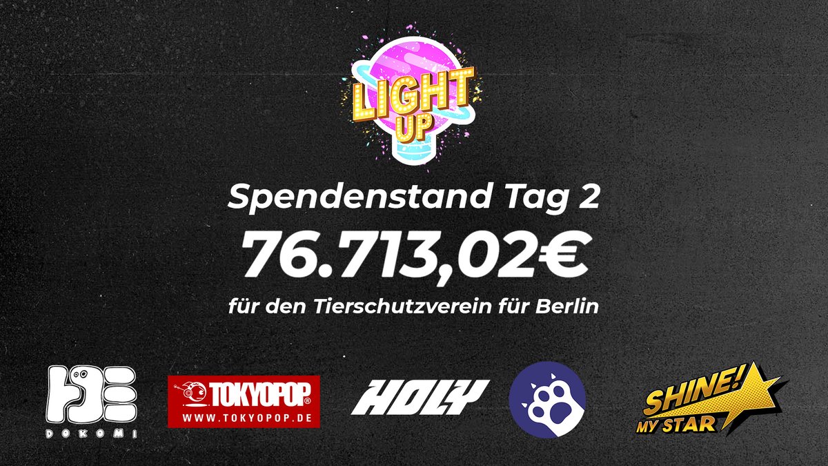 Mit einem finalen Spendenstand von 76.713,02€ geht LightUP 2026 zu Ende. 

Vielen Dank an alle Zuschauer und Spender. Gemeinsam haben wir Großes bewirkt!