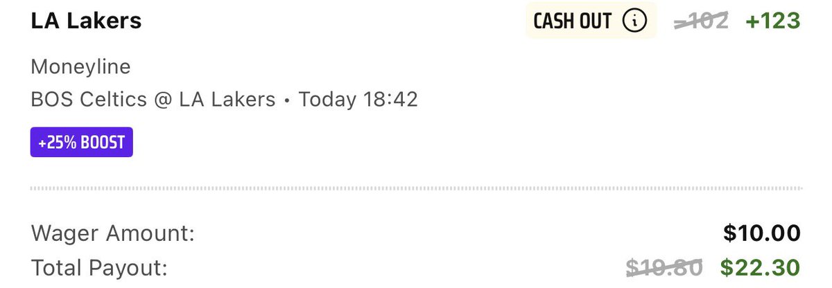 DraftKings - NBA LAL/BOS 25% Boost
LA Lakers ML -102 ➡️ +123

EV: 7.8%
QK: 1.59u

🔗 quickpick.pikkit.com/betslip/41ca05…