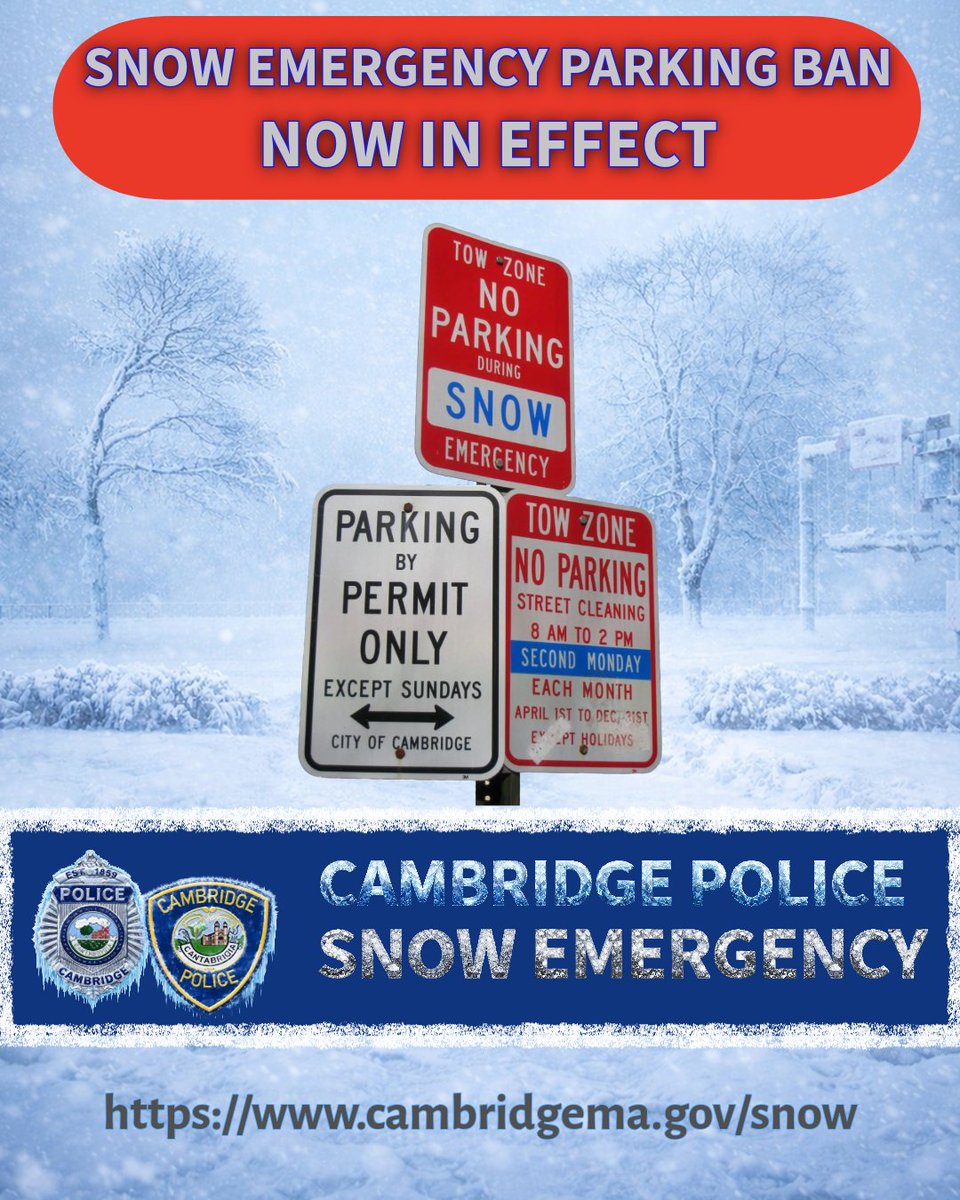 CambridgePolice's tweet photo. SNOW EMERGENCY PARKING BAN: 
As of Sunday, 9/22 at 9a.m. there is a Snow Emergency Parking Ban in effect, Stay up-to-date on this and other storm related advisories from the City of Cambridge in the City's Snow Center: https://t.co/JQZRM9NOig https://t.co/KmBfoT3tqV