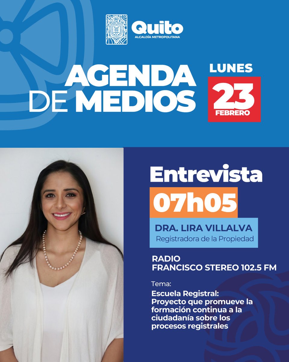 📰 🎙️ #RegistroEnMedios | Mañana, la Registradora de la Propiedad, <a href="/liradelapaz/">Lira Villalva</a>, estará en <a href="/franciscostere/">Francisco Stereo Oficial</a>  102.5 FM donde dialogará sobre el fortalecimiento de la Escuela Registral y sus beneficios para la ciudadanía.

#QuitoRenace