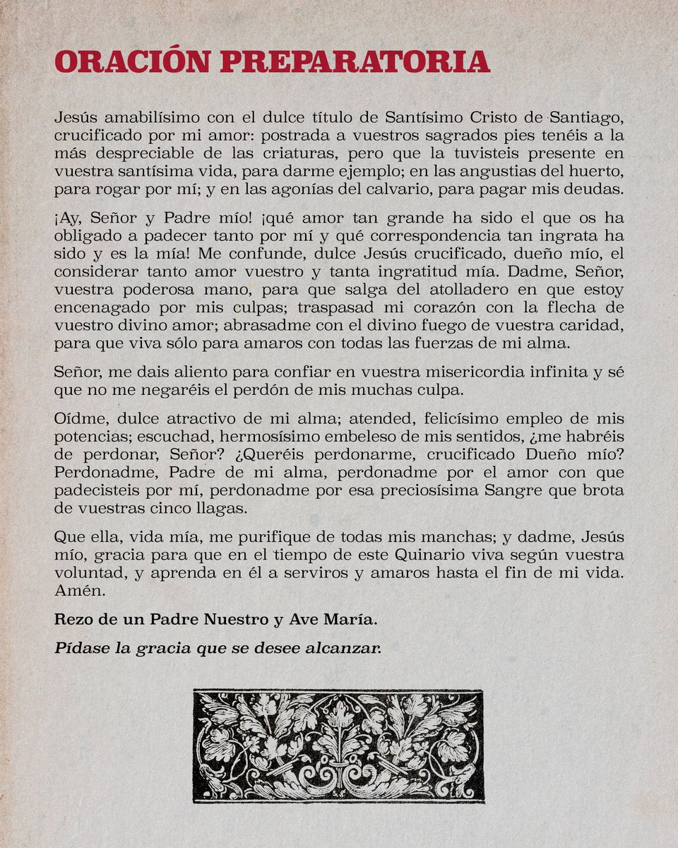 Hdad_CautivoUt's tweet image. ◾ 𝐒𝐎𝐋𝐄𝐌𝐍𝐄 𝐐𝐔𝐈𝐍𝐀𝐑𝐈𝐎 𝐀𝐋 𝐂𝐑𝐈𝐒𝐓𝐎 𝐃𝐄 𝐒𝐀𝐍𝐓𝐈𝐀𝐆𝐎
Día primero, 23 de febrero. 

19:30h | Exposición del Santísimo, rezo del Santo Rosario, ejercicio de Quinario, Bendición y Reserva. 
20:00h | Solemne Eucaristía.

⛪ Parroquia de Santiago El Mayor.