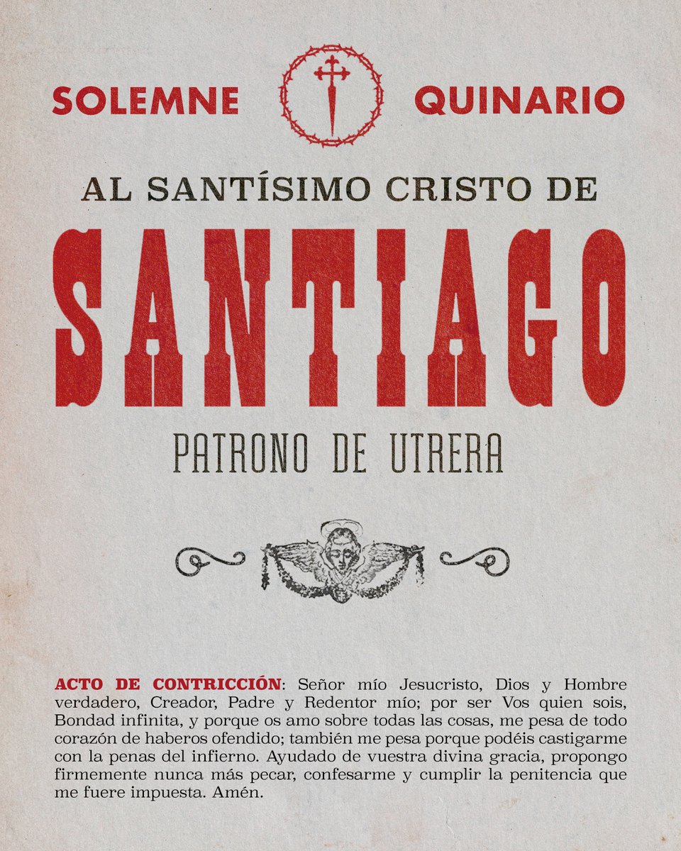 Hdad_CautivoUt's tweet image. ◾ 𝐒𝐎𝐋𝐄𝐌𝐍𝐄 𝐐𝐔𝐈𝐍𝐀𝐑𝐈𝐎 𝐀𝐋 𝐂𝐑𝐈𝐒𝐓𝐎 𝐃𝐄 𝐒𝐀𝐍𝐓𝐈𝐀𝐆𝐎
Día primero, 23 de febrero. 

19:30h | Exposición del Santísimo, rezo del Santo Rosario, ejercicio de Quinario, Bendición y Reserva. 
20:00h | Solemne Eucaristía.

⛪ Parroquia de Santiago El Mayor.