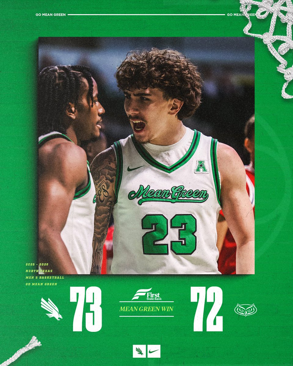 MeanGreenMBB's tweet photo. MEAN GREEN WIN!!!🟢🦅

Je'Shawn and Buddy score career highs and we beat FAU 73-72!