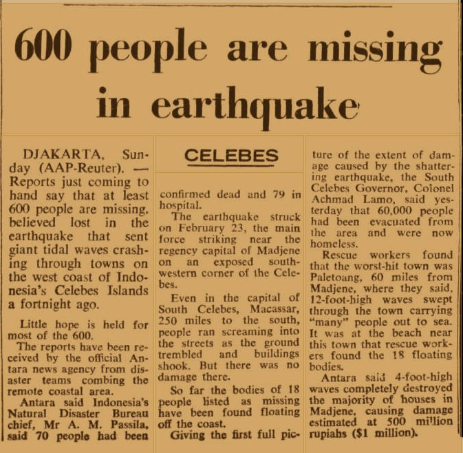 23 February 1969 0:37 UT
Mw7.0 #earthquake at Makassar Thrust hit Majene, west Sulawesi coast, Indonesia, killing 64 people. A #tsunami possibly triggered by a submarine landslide may have killed another 600.
earthquake.usgs.gov/earthquakes/ev…
iopscience.iop.org/article/10.108…
trove.nla.gov.au