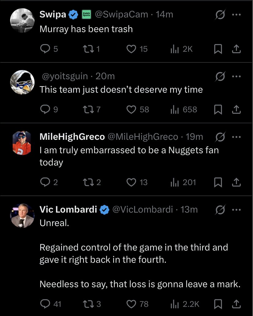 This is the (correct) consensus by Nuggets fans right now. Team is hapless and inconsistent. There suddenly is no identity, nor a desire to win for each other. Just a group of entitled, burnt out…idk, losers! 

Change the mentality now or it’s a short season.