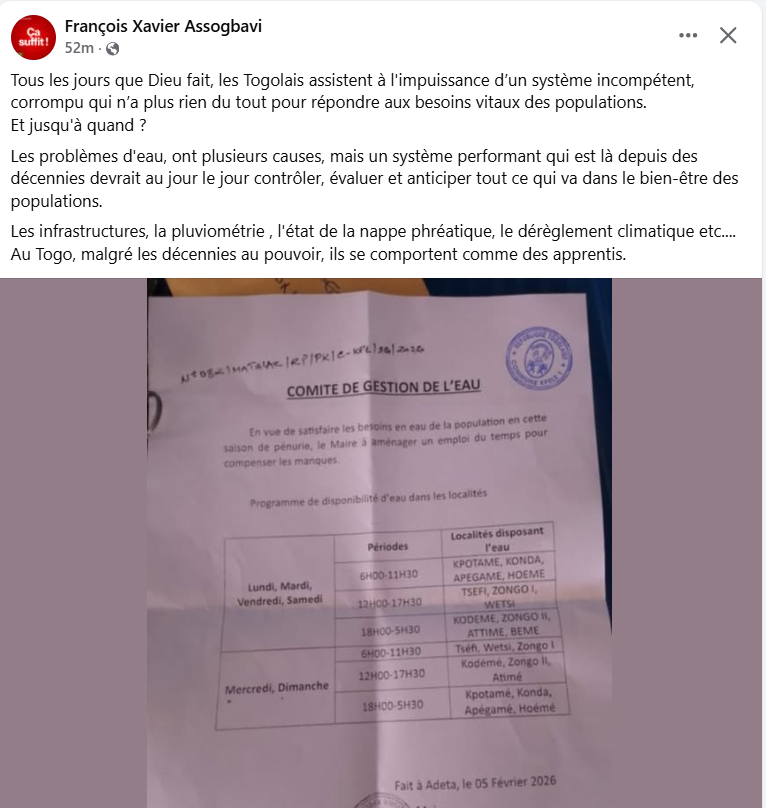 AblodeGbadja1's tweet image. TOGO - La pénurie d’eau au Togo est bien un problème généralisé malgré que le pays dispose d’environ 19 milliards de mètres cubes de ressources en eau renouvelables par an, provenant des eaux de surface et souterraines. Cela représente près de 2 400 m³ par habitant et par an, un