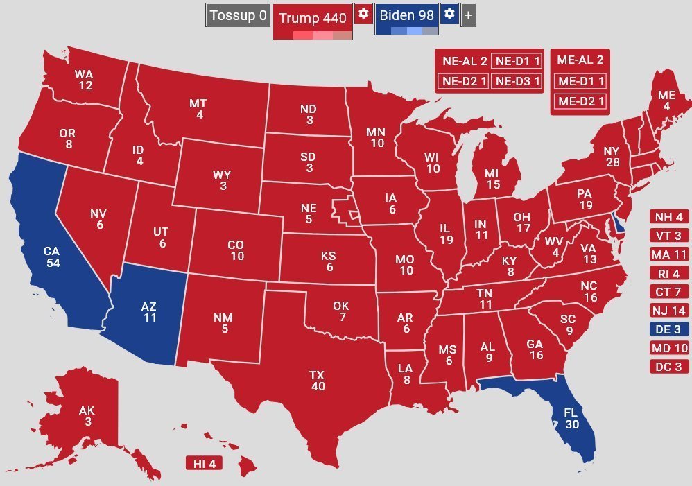 <a href="/ProgressiveEmma/">Emma ☪️🧀🌹</a> I think it would have looked like this. Trump would have won 46 states, but Biden's age would have actually helped him in Florida and Arizona since so many retirees live there, and he would have held onto Delaware because of his home state boost.
