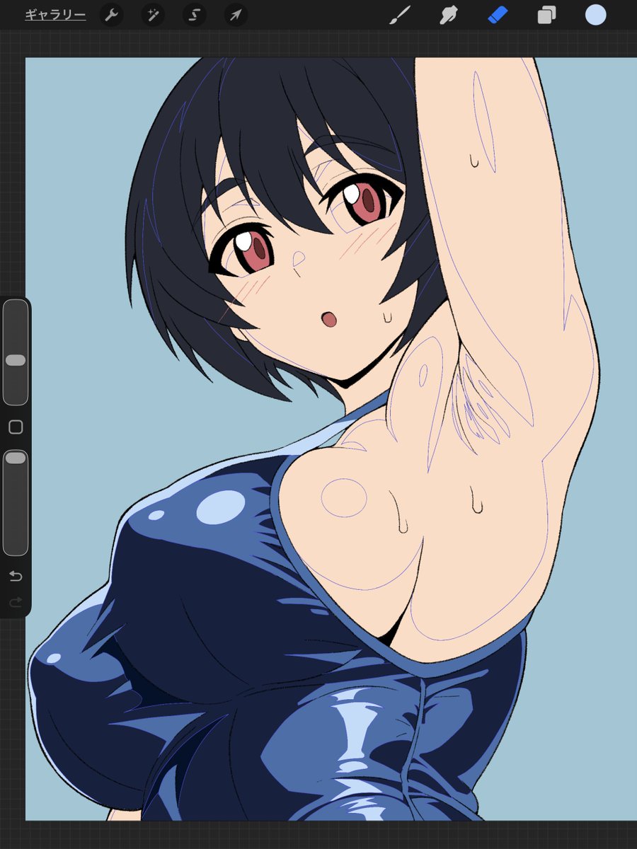 塗りの途中だけど、
線画でバケツ塗り
線画+影線レイヤーでバケツ塗り。
線画のみ表示。 