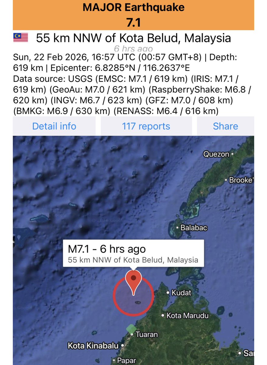 AstroFluxLab's tweet photo. Major Seismic Disturbance Recorded.
Magnitude 7.1 | Depth: 619 km ⚠️ 

Deep mantle activity detected beneath Northern Borneo. Stay vigilant Malaysia! https://t.co/ArjsKZuZVo