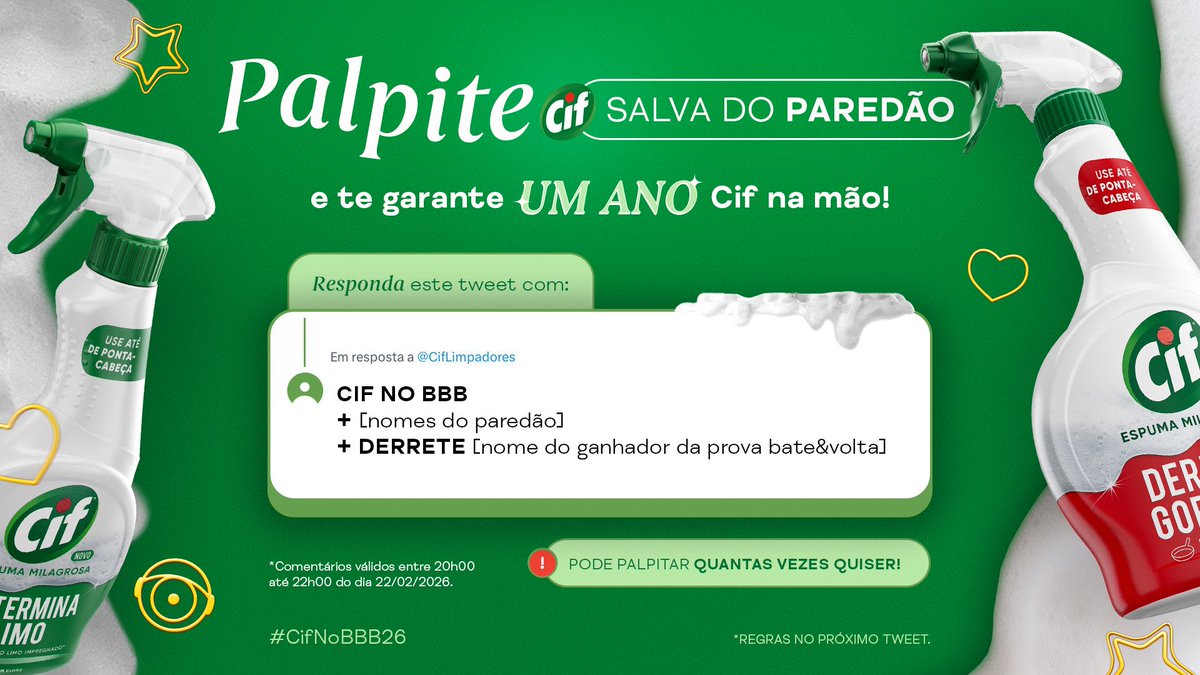 chicobarney's tweet photo. CHAMANDO OS PALPITEIROS DE BBB! 🔥

Acertou formação do paredão + quem escapa no Bate e Volta = 1 ANO de Cif Milagroso ✨

Responda: CIF NO BBB + nomes do paredão + quem ganha a prova

Vale palpitar à vontade!
Das 20h às 22h. Perfil e DM abertos.
#publi https://t.co/fDQIc7Ct8l