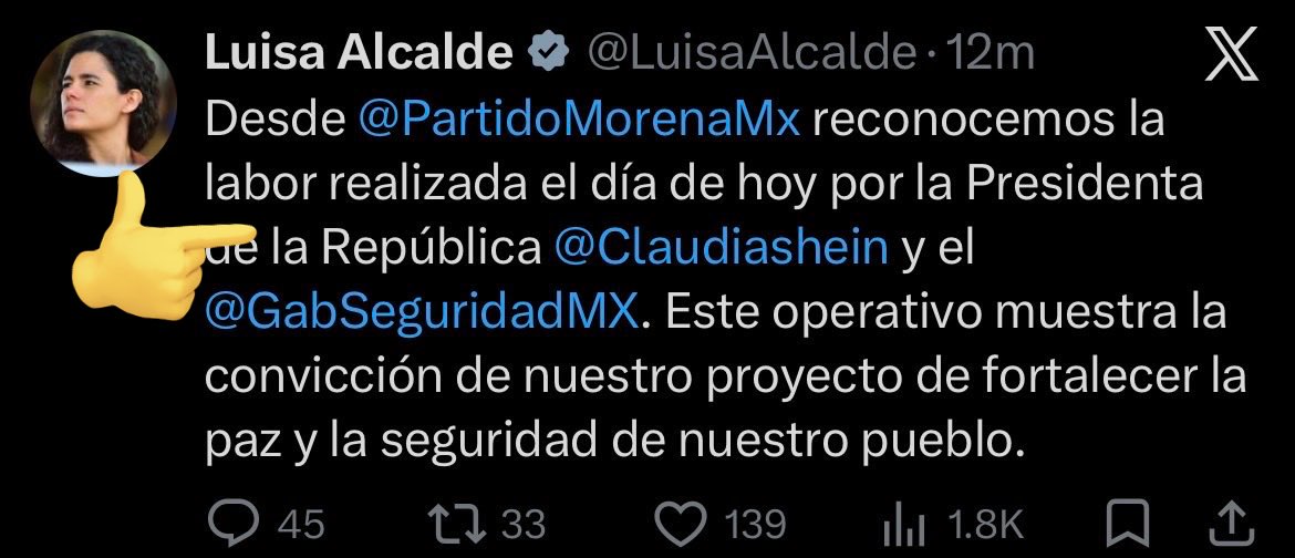 <a href="/LuisaAlcalde/">Luisa Alcalde</a> Pues tu misma pon en práctica eso
 Curiosamente borraste el tweet donde afirmas que la presidenta fue la responsable del operativo en que abatieron al Mencho.

Q paso, miedo de reconocer q ustedes abatieron a quienes les financiaron sus campañas políticas? x.com/i/status/20256…