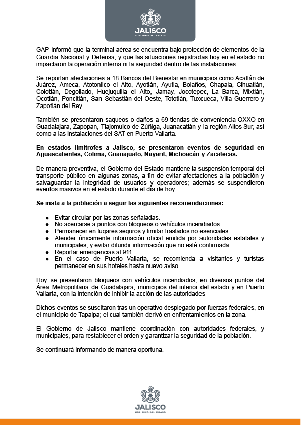 FiscaliaJal's tweet photo. 🚨 Avance informativo

Al corte de las 16:00 horas, continúan las acciones coordinadas ante los hechos registrados en el estado tras el operativo federal en Tapalpa. (1-2) https://t.co/scATefXVWA