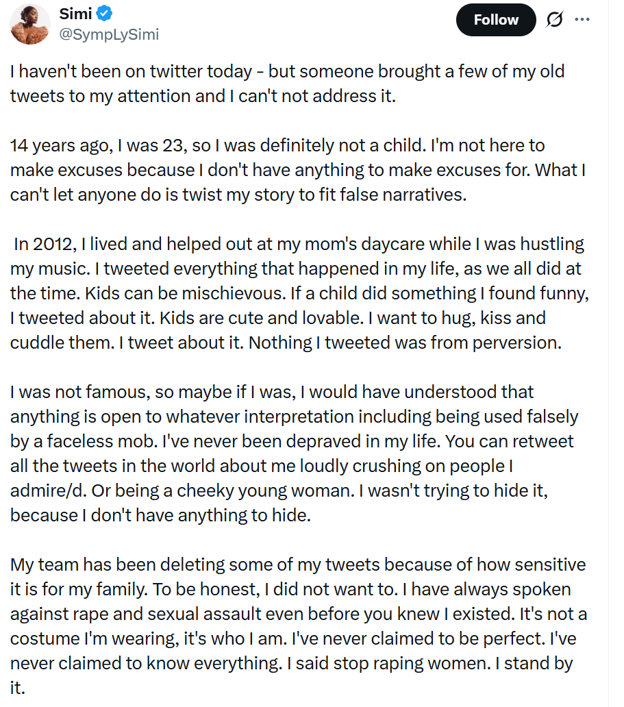 "14 years ago, I was 23, so I was definitely not a child. I'm not here to make excuses because I don't have anything to make excuses for. What I can't let anyone do is twist my story to fit false narratives." — Singer Simi clears the air.
