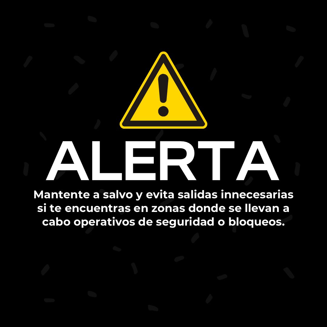 📢 AVISO IMPORTANTE 

Se reportan operativos de seguridad y bloqueos en distintas zonas del país, incluyendo: Jalisco (Puerto Vallarta, Chapala y Guadalajara), Baja California (Tijuana, Tecate y Ensenada), Quintana Roo (Cancún, Cozumel, Playa del Carmen y Tulum), Guanajuato,