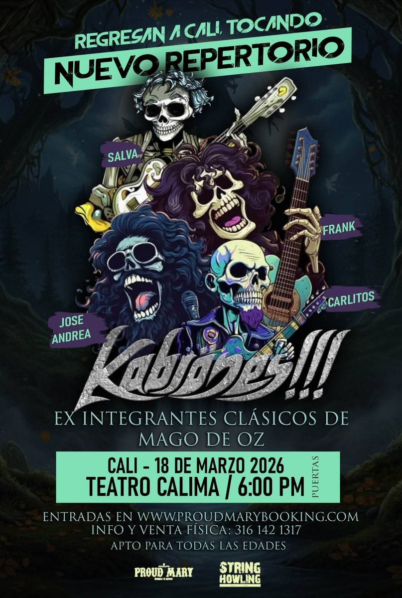 AntaresRock1's tweet photo. La poderosa banda española #Kabrones continúa su gira mundial y regresa a Cali esté 2026 interpretando los grandes exitos de Mago de Oz con sus miembros originales ¡

Miércoles 18 de Marzo 2026
Teatro Calima (Calle 12 Norte #4-20)
Boletería Disponible en https://t.co/nWpoUUsnz8 https://t.co/D1r2iS27Bo