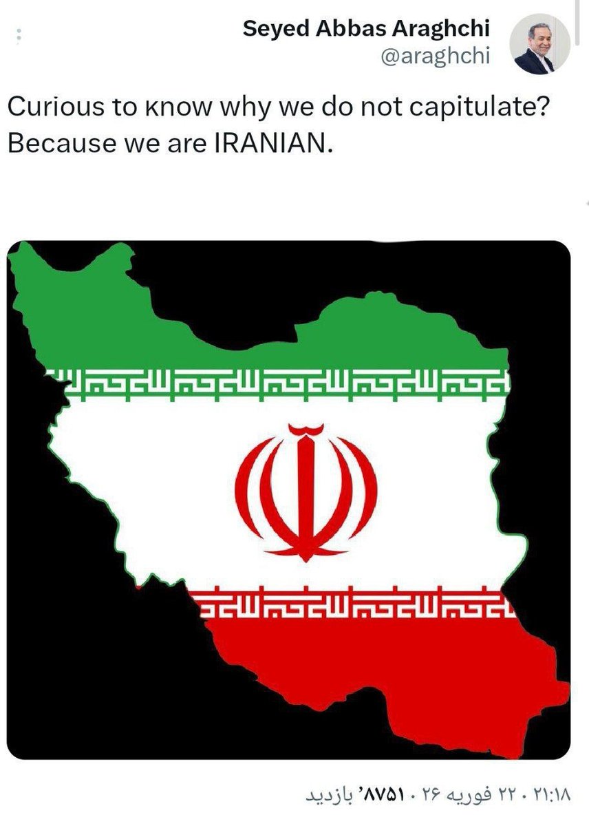 عراقچی خطاب به ترامپ: کنجکاوید بدانید چرا #تسلیم_نمی‌شویم؟ چون ما «#ایرانی» هستیم.

پ.ن.ویتکاف در مصاحبه‌ای گفت ریئس جمهور کاخ سفید،بسیار کلافه و ناامید از این است که با این همه ناو و جنگنده،چرا ایران نمیترسد و سر خم نمیکند.
#ایرانی_بالا
#بالای_بالا
#تا_پای_جان_برای‌ایران‌اسلامی