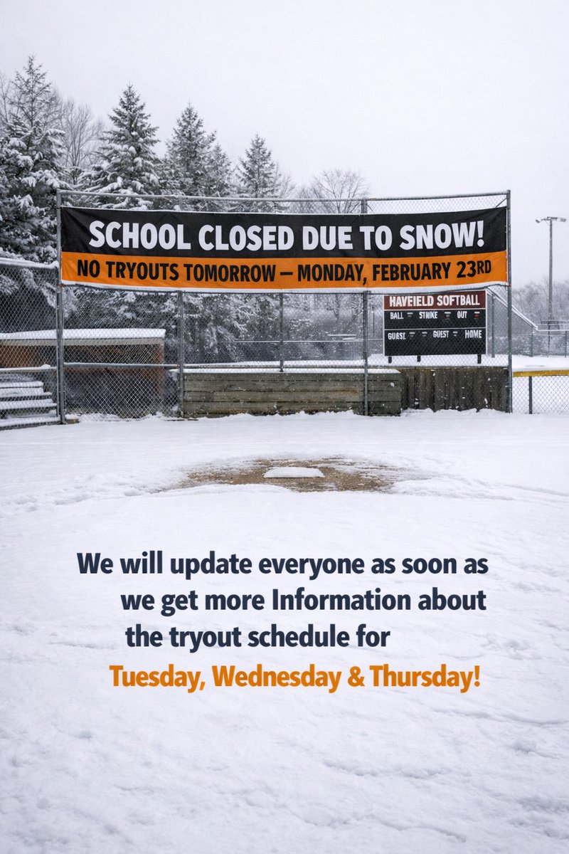 ❄️ Snow Day Update ❄️
Due to school being canceled because of the snow, there will be no softball tryouts on Monday, February 23rd.
We will share updated information about the Tuesday, Wednesday, and Thursday tryout schedule as soon as we receive it.
Stay safe, stay warm!