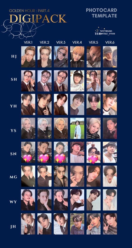 ATEEZ GOLDEN HOUR : Part4 デジパ
アチズ トレカ交換

譲 : 写真1枚目　ホンジュン  ソンファ　ヨサン　ミンギ　ウヨン　
求 : 写真2枚目　💖サン

郵送での交換希望です。
お心当たりある方、お気軽にリプDMお願いします。