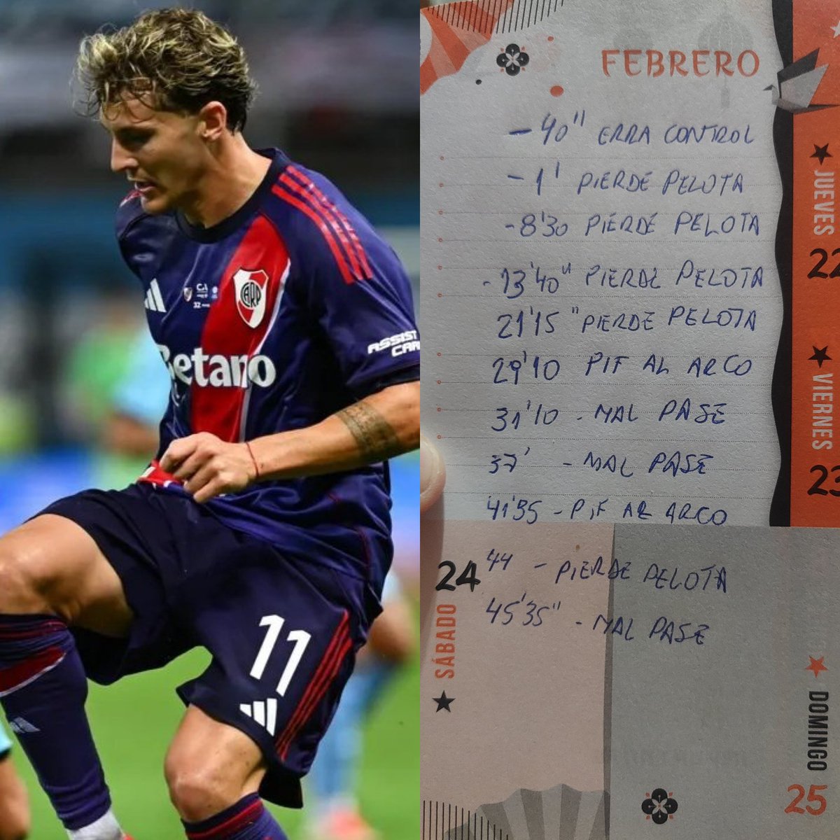 🇦🇷😳 LA CARPETEADA DE TODOS LOS TIEMPOS.

Un hincha de River (<a href="/RG5Ly/">Робер</a>) anotó todas las intervenciones de Facundo Colidio en el primer tiempo ante Vélez. 

Sí, son diez errores. ❌