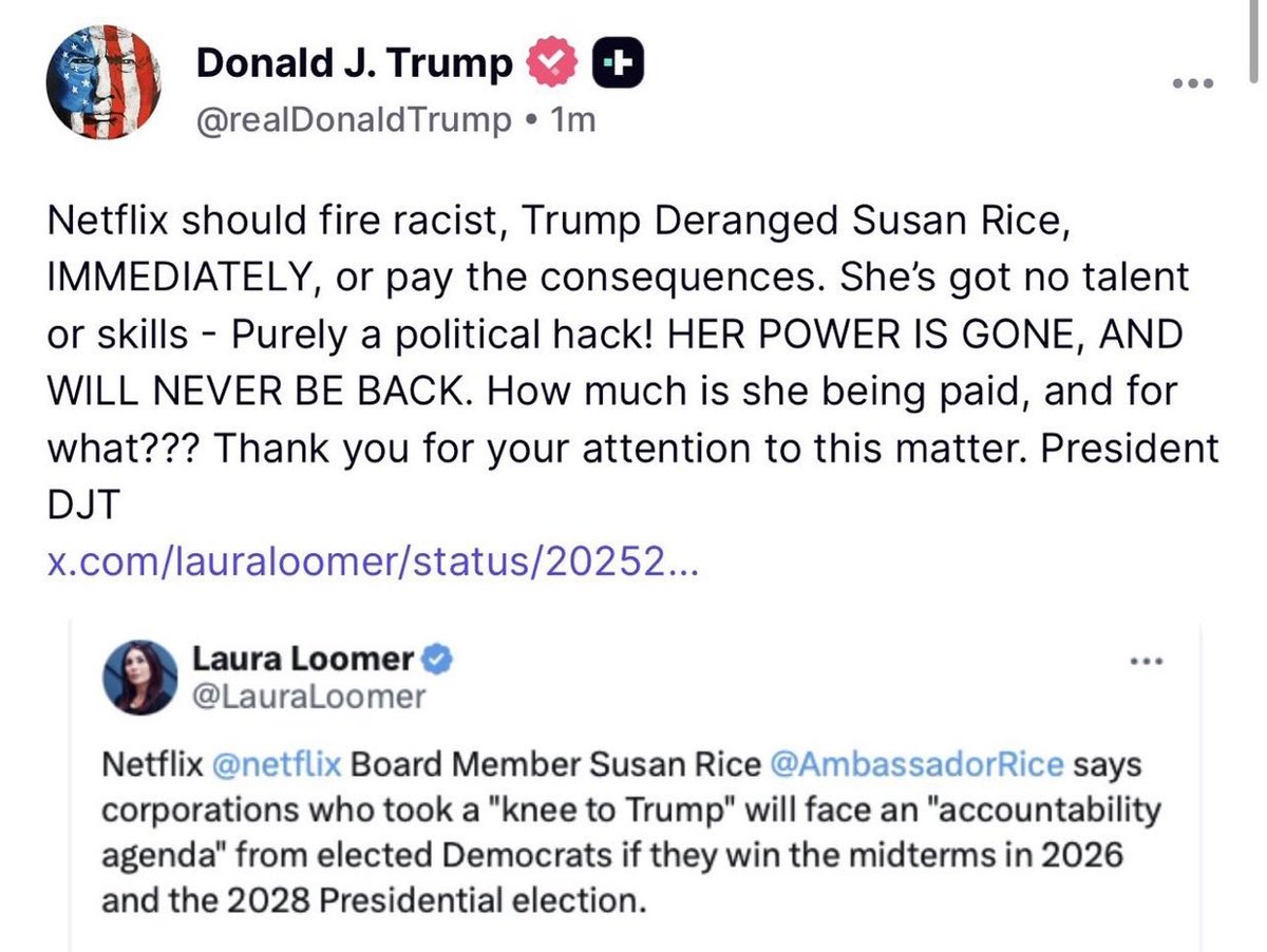 Susan Rice, that racist, Trump-obsessed hack on Netflix’s board, just threatened corporations  that dares to “take a knee to Trump”  will face a brutal “accountability agenda” from Democrats if they win the 2026 midterms or 2028 election.

She’s openly calling for revenge,