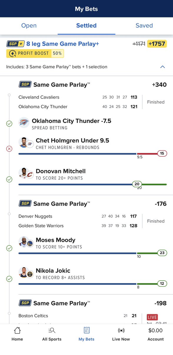 IJs216's tweet photo. @CodyBrownBets Caught the first game in action ugh. The Chet prop wasn’t available.  Took him for under 10 😂 15 rebounds today was crazy.  Took OKC -7.5 too. That part made it. $25 for over $400 GONE https://t.co/I2t3HkmJdJ