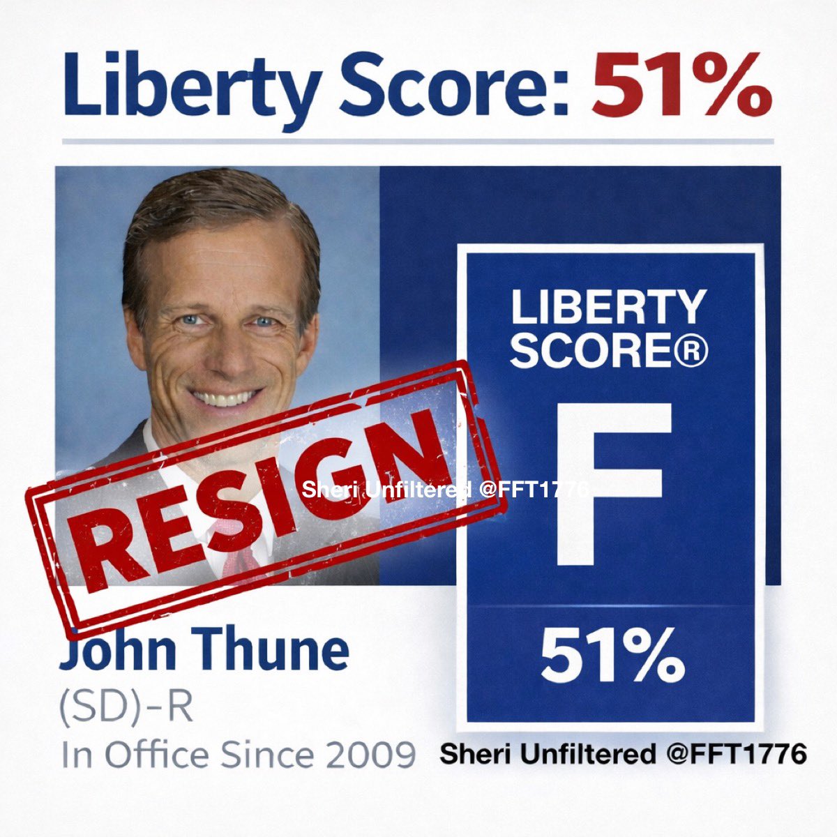 🚨John Thune, a Democrat hiding behind a Republican label, needs to RESIGN. NOW.

His self interests are more important than the Country. He has to go.

With Republicans like Thune, who needs Democrats?

Share &amp; Comment:👇🏻
“RESIGN, JOHN THUNE”