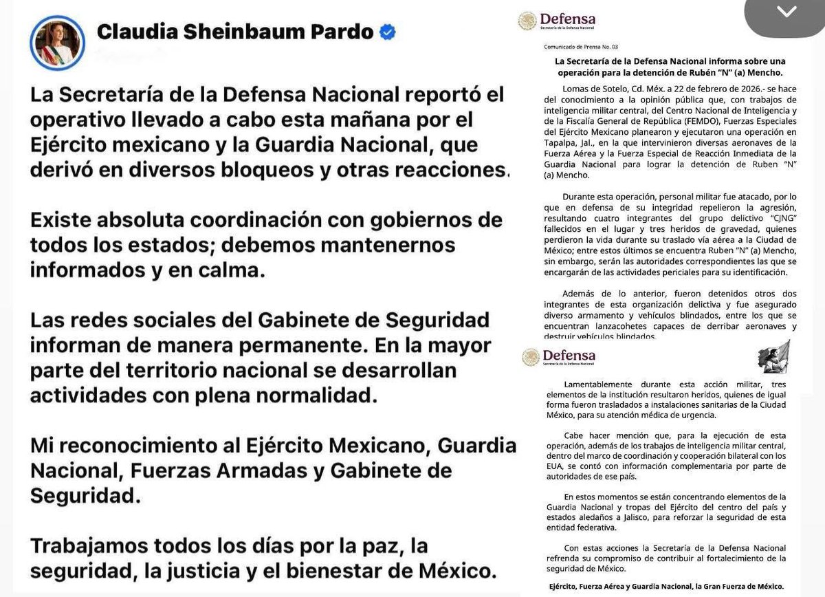 🟣La presidenta Claudia Sheinbaum se pronuncia tras la captura y muerte del líder del cartel de Jalisco Nueva Generación, Nemesio Rubén Oseguera Cervantes, alias "El Mencho"

Por su parte, la Sedena confirmó que el “El Mencho” fue abatido en un enfrentamiento en Tapalpa, Jalisco.