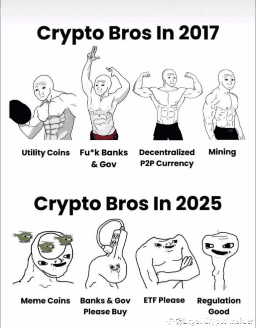 I love this meme because it perfectly captures how the crypto space has shifted from its rebellious, utility-driven roots to the current era of institutional ETFs and meme coins. It’s a hilarious reality check that reminds us why <a href="/DataHaven_xyz/">DataHaven 🫎</a>’s focus on actual decentralized AI