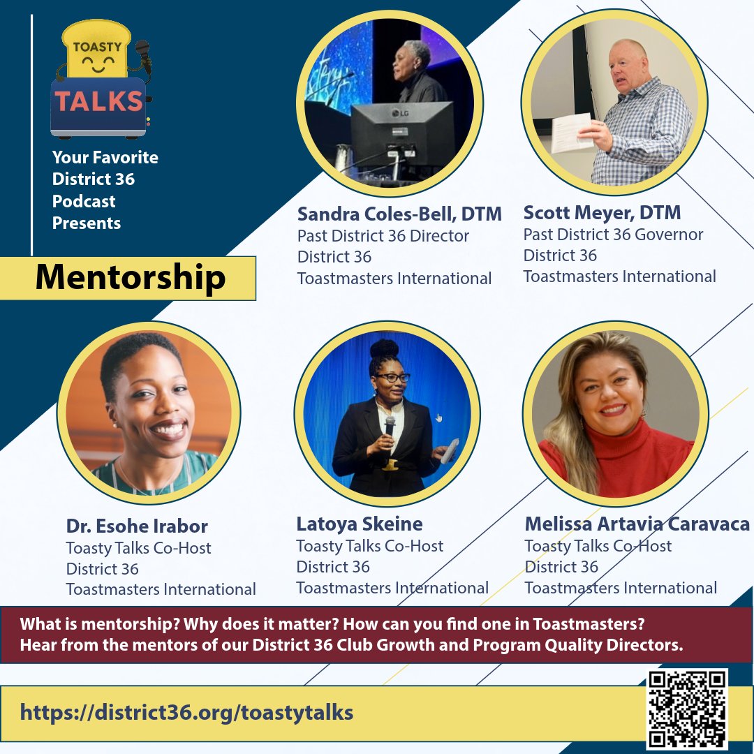 District36Toast's tweet photo. 🎙️✨ NEW Toasty Talks Episode — Mentorship ✨🎙️
What’s the difference between #coaching and #mentoring — and why does it matter for your growth in @Toastmasters?
In our newest #ToastyTalks episode, you’ll hear our hosts Latoya and Melissa in action — leading and growing in real time through the kind of guidance that makes this community special.
This episode also marks a meaningful moment:
It was Esohe’s final Toasty Talks session (for now) before beginning her Peace Corps journey in #Ghana. 🌍
🌟 Sandra Coles-Bell
A #Toastmaster for more than 30 years.
Past District 36 Governor (2008–2009), where she led over 3,000 members and nearly 200 clubs to #Distinguished recognition for the district’s 7th consecutive year!
District Director (2020–2021).
Executive Director of the National Black Sisters’ Conference.
A #communicator and #leader whose mentorship has shaped generations across our district and beyond, Sandra is currently mentoring our District 36's 2025-2026 Program Quality Director, Augusta Inniss, DTM!
🌟 Scott Meyer
Past #District36 Governor.
Longtime Toastmaster and trusted mentor to numerous District leaders over the years — including Division Directors beginning their leadership journey more than a decade ago.
Member of Toastmasters Speakeasy in Downtown DC, where he continues to mentor members consistently.
Most recent District role: Parliamentarian for the 2025 District Spring Council Meeting.
A steady and thoughtful guide behind many leadership journeys, Scott is currently mentoring our District 36's 2025-2026 Club Growth Director, Jill Vanderweit, DTM!
Together, they explore:
• Coaching vs. mentoring — what’s the difference?
• How intentional mentoring strengthens meetings and retention
• “Speaking truth with love” and building confidence
• One-on-one vs. group mentoring
• Practical habits any member can start using today
Toasty Talks itself is proof:
Mentorship accelerates growth.
Leadership develops in a community.
Greatness begins when we step outside our comfort zone.
🎧 Listen here:
🔗 https://t.co/MKRtjycYsq
@ApplePodcasts @Apple: https://t.co/jax1qzLCNZ
@spotifypodcasts @Spotify: https://t.co/ToriVlvkVU
As always, big thanks to @Buzzsprout! 🎙️🌱
#Podcast #Podcasts