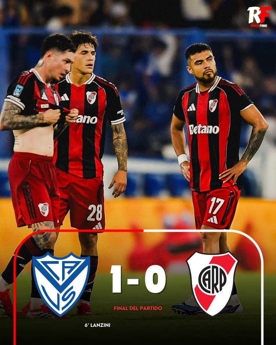 Riverfans_'s tweet photo. 💪🏼 ¡FINAL DEL PARTIDO! 🤍❤️🤍

⚽️ River cayó 1 a 0 frente a Velez por la sexta fecha de la Liga Profesional 2026. 

🚑 Juanfer Quintero y Kendry Paez se retiraron lesionados.

#VamosRiver ⚪️🔴 https://t.co/07bsfi4Pt5