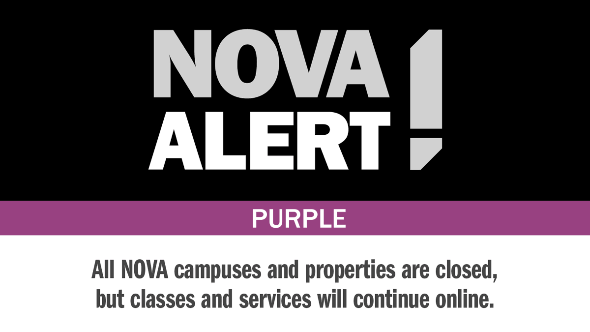 NOVAcommcollege's tweet photo. #NOVAAlert: Code Purple: All NOVA campuses are operating virtually on Monday, February 23, 2026. Classes and services are online only. https://t.co/bIP1OFta2J