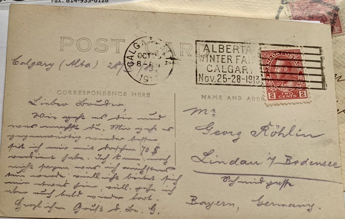 One last #postcard to celebrate the #Toronto postcard club show today. This card is no 12 in the Western Canadian Ranching Series. Check out the back as this card travelled from #Calgary to Germany in 1913.