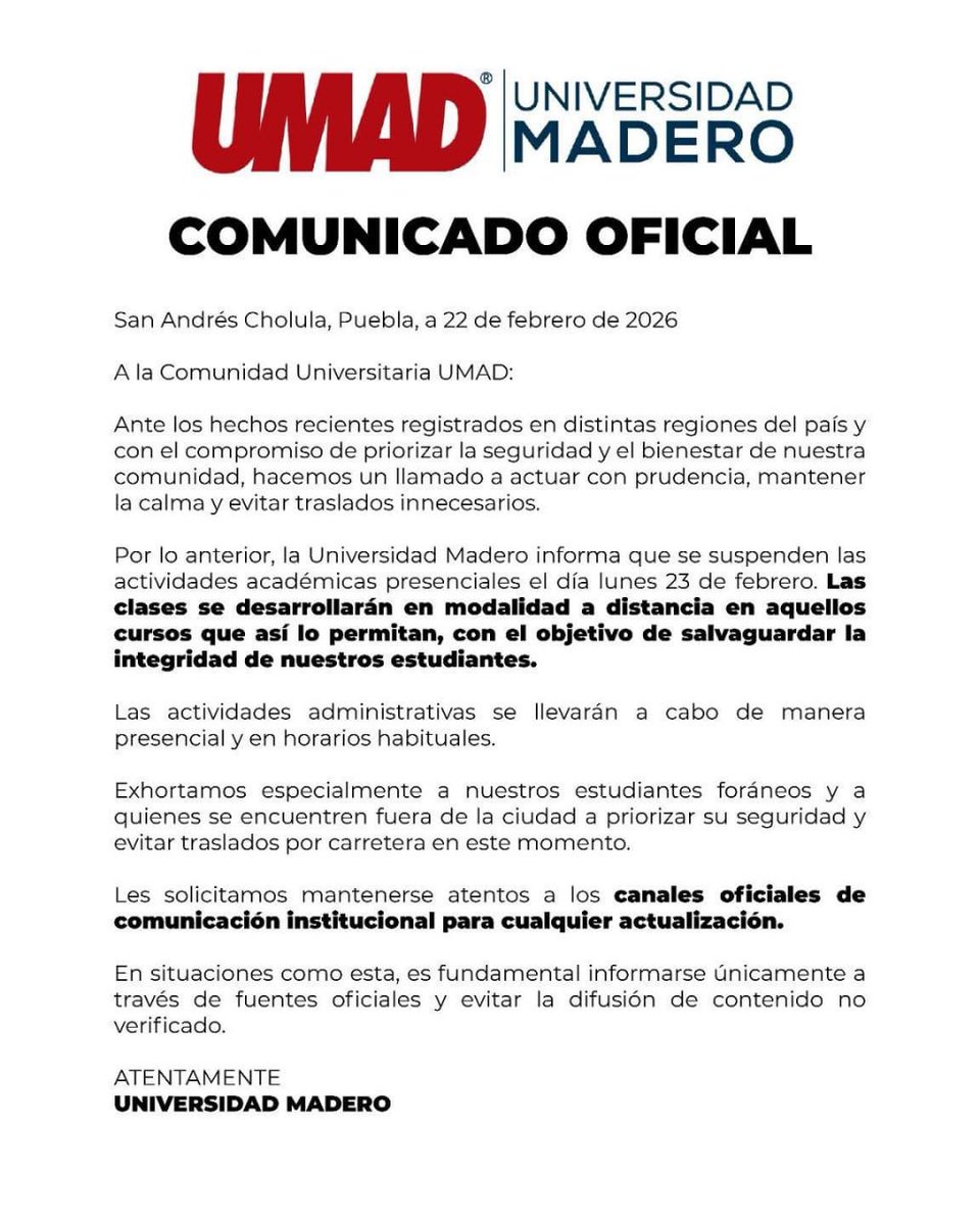 ⚪️📖 <a href="/umadpuebla/">Universidad Madero</a> confirmó que mañana, lunes 23 de febrero, suspenderá clases presenciales para pasarlas a modalidad en línea debido a los hechos violentos en el país tras la muerte de "El Mencho". 👉🏻 tinyurl.com/mvma3bna