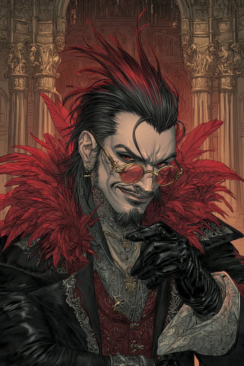 Prompt Alert :

A graphic novel cover art portrait in the dark baroque style of Brom and Dave McKean, featuring a sinister aristocratic vampire lord with slicked-back black hair spiked with vibrant red feather plumes framing his angular face, piercing crimson eyes glaring