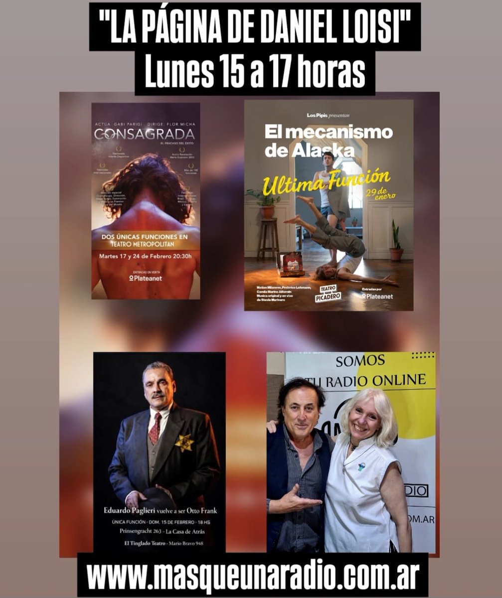 Lunes de 15 a 17 por MQR "La Página de Daniel Loisi" en masqueunaradio.com.ar
Un Programa de Espectáculos como los de Antes. 21 años en el aire
Cines: "Love"
Netflix: "En el barro" - Segunda Temporada
Página del Teatro: Maby Gonzalez y su Escena Teatral.
<a href="/Cinepolis/">Cinépolis</a>
<a href="/NetflixLAT/">Netflix Latinoamérica</a>