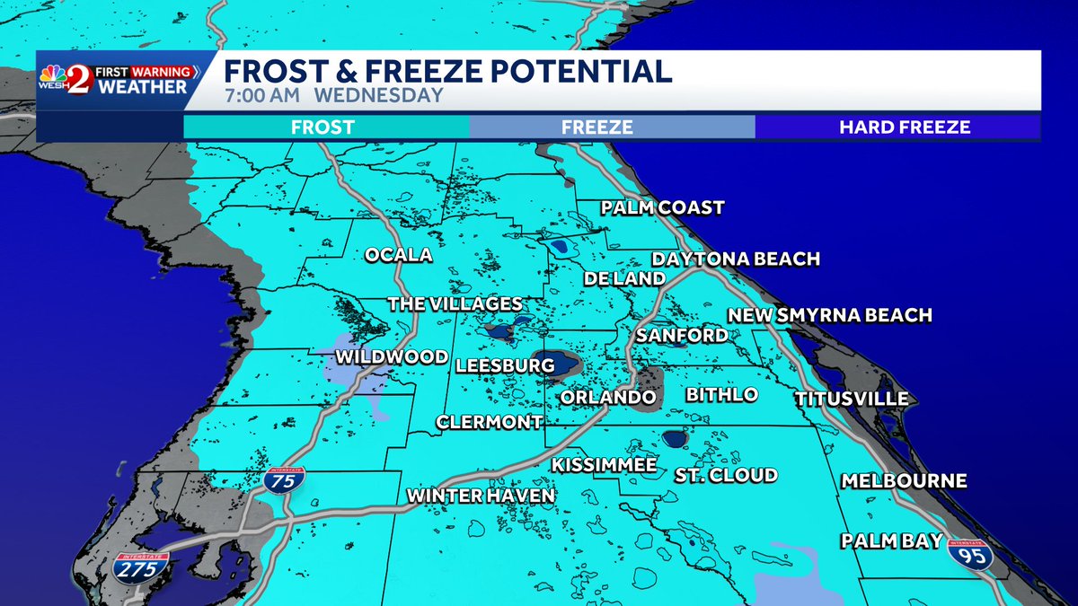 TMainolfiWESH's tweet image. Here's a look at the #Frost and #Freeze potential headed to Central #florida #Monday #Tuesday and #Wednesday mornings folks! #Winter wants to hold on! Stay with #weshwx for updates.