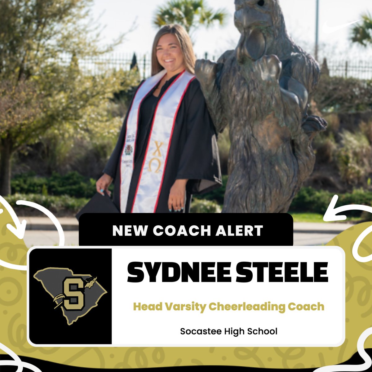 SocasteeHS's tweet photo. Socastee is pleased to introduce 4 new coaches for this Spring &amp; Fall! 
Sydnee Steel - Head Varsity 📣
Chris Adrian - Head Varsity Men's 🏌️‍♂️
Luke Little - Assistant Varsity ⚾️
Adam Keim - Assistant JV ⚾️
$GoldBlooded #Finish https://t.co/klccFfMEOL