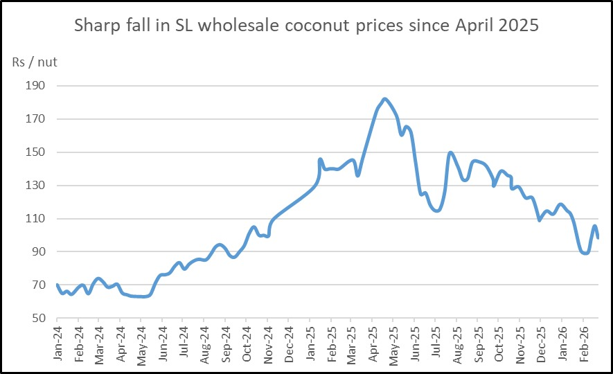 Channa_Amare's tweet photo. #lka Retail coconut prices finally adjust as wholesale prices fall under Rs100/nut amid sharp recovery in output since mid-2025

Prices at #CARG and #CCS supermarkets now ~Rs155, down from ~Rs200 in 3Q2025

Good news for consumers, less so for growers

#HAYC #HEXP #MCPL #RAL #CSE https://t.co/gXfiLqyVmR