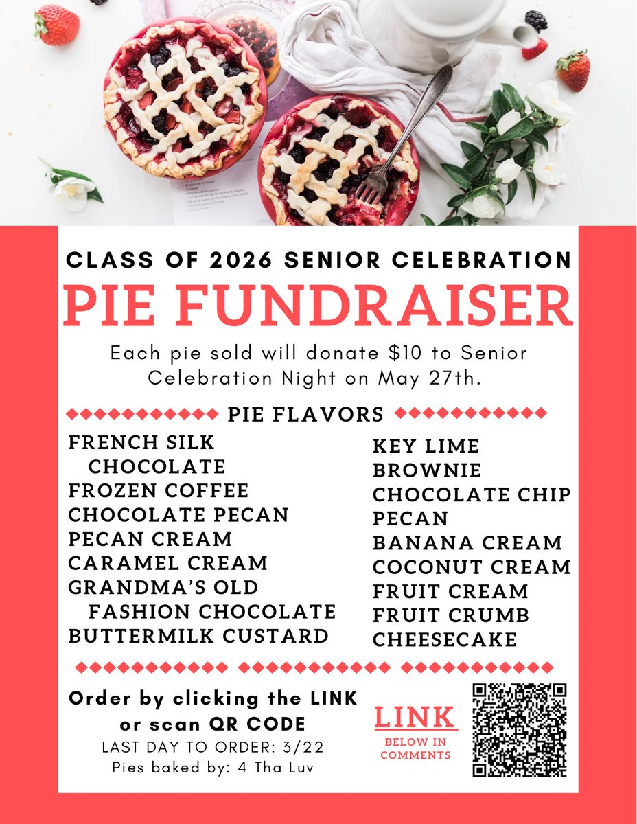 Support the Class of 2026 Senior Celebration by grabbing a delicious pie! Each pie sold donates $10 to our Senior Celebration Night on May 27th. Scan QR code or click Link to order: docs.google.com/forms/d/e/1FAI…
