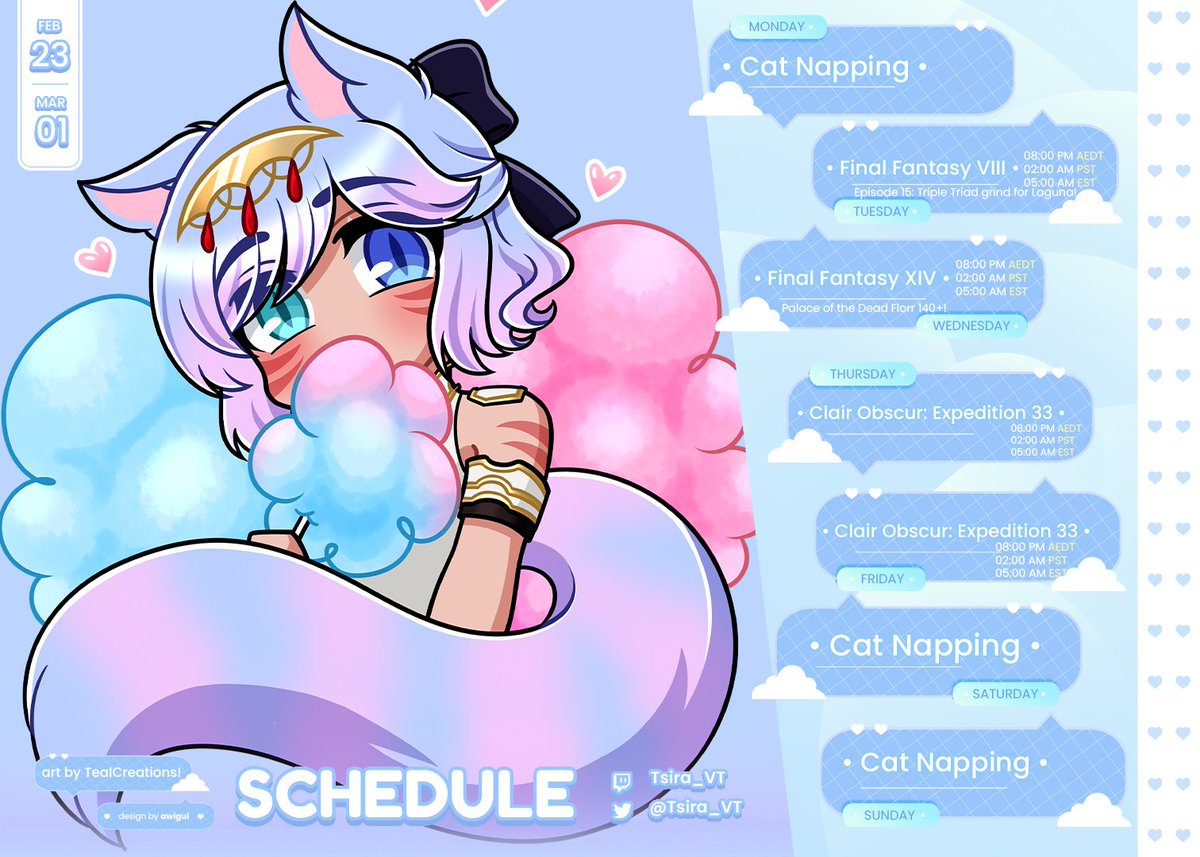 ❥ Schedule 23 FEB - 01 MAR ❥
❥ Twitch: twitch.tv/tsira_vt ❥
❥ Socials + Credits: tsira-vt.carrd.co ❥