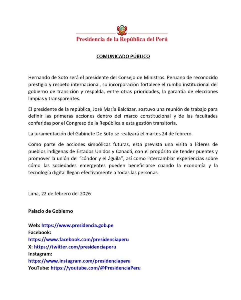 Pedro_vrae's tweet image. Nuevo #Premier
La Presidencia de la #República, oficializó la designación del economista Hernando de Soto, como nuevo Premier.