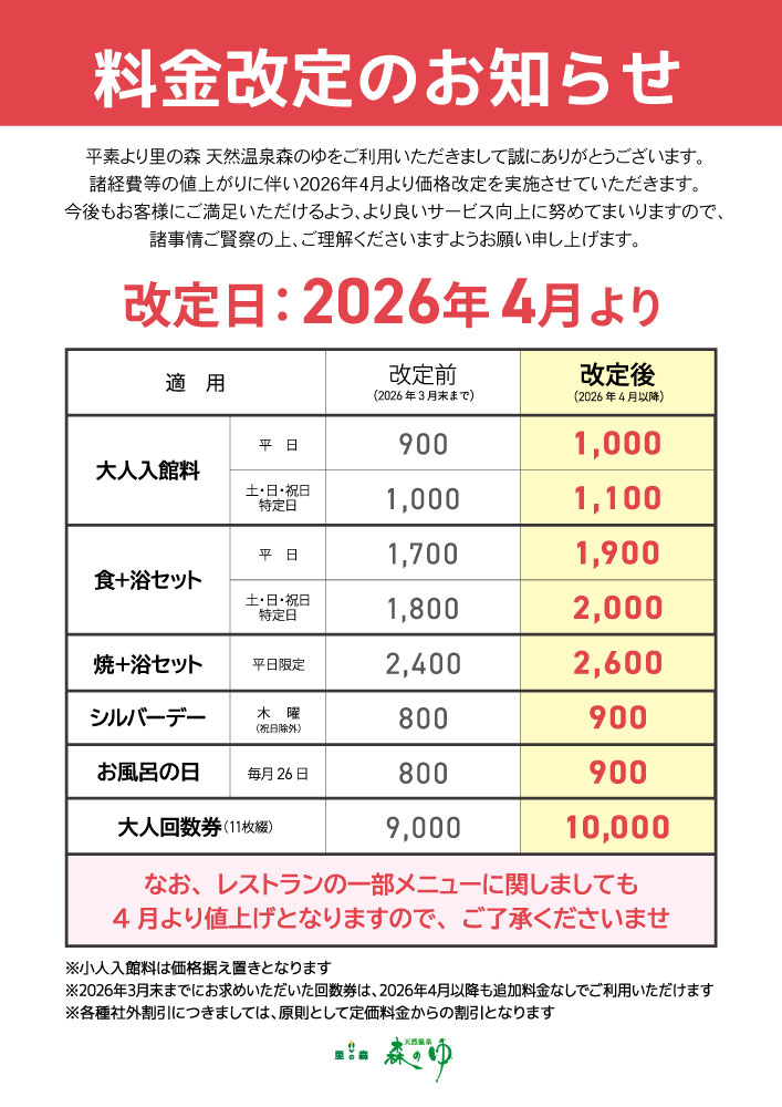 諸経費等の値上がりに伴い、2026年4月より大人入館料をはじめとするご