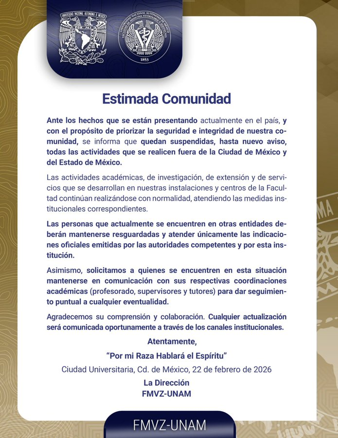 Facultad de Medicina Veterinaria y Zootecnia de la UNAM suspende actividades fuera de CDMX y Estado de México.

Más en lopezdoriga.com