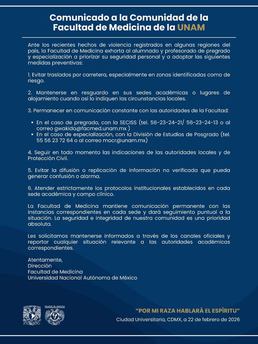 NARCO BLOQUEOS ya han repercutido en actividades de la <a href="/UNAM_MX/">UNAM</a> en la #Ciudad de #México

*La #Facultad de #Medicina SUSPENDE exámenes y evaluaciones, además informa NO registrará la asistencia para mañana Lunes 23 de Febrero