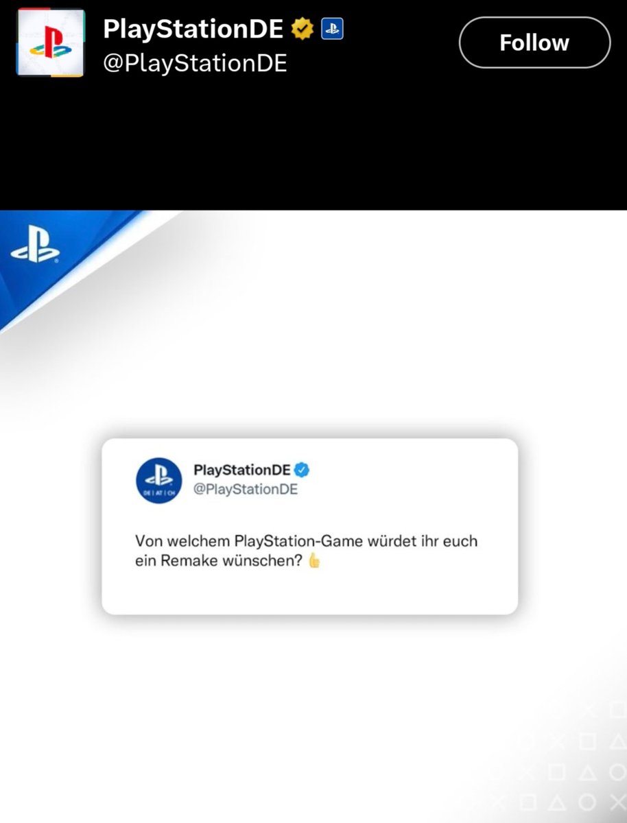 Días después de la noticia del cierre de Bluepoint Games, la cuenta oficial de PlayStation Alemania publicó una pregunta sobre qué juego de PlayStation merecía más un remake.

🔹Nota: La publicación fue eliminada posteriormente.

#PS5 #PlayStation