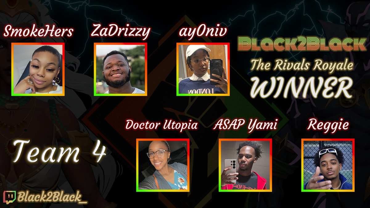 The WINNERS of Black2Black Rivals Royale '26🏆

🥇<a href="/smoke_hers/">☁️ SmokeHers For Twitch Partner 🫶🏽</a> <a href="/Zadrizz/">Zadrizzy 🎆</a> <a href="/Ay0Niv/">Niv 🐝Kujo</a> <a href="/Doctor_Utopia/">DoctorUtopia 🌎</a> <a href="/asapyami_/">Yami ﾒ𝟶</a> <a href="/R3GGI3__/">Reg</a> 

A huge thank you to everyone that participated in the event from playing all the way to the backend. We are glad to be back and don't plan on going ANYWHERE🥳

We