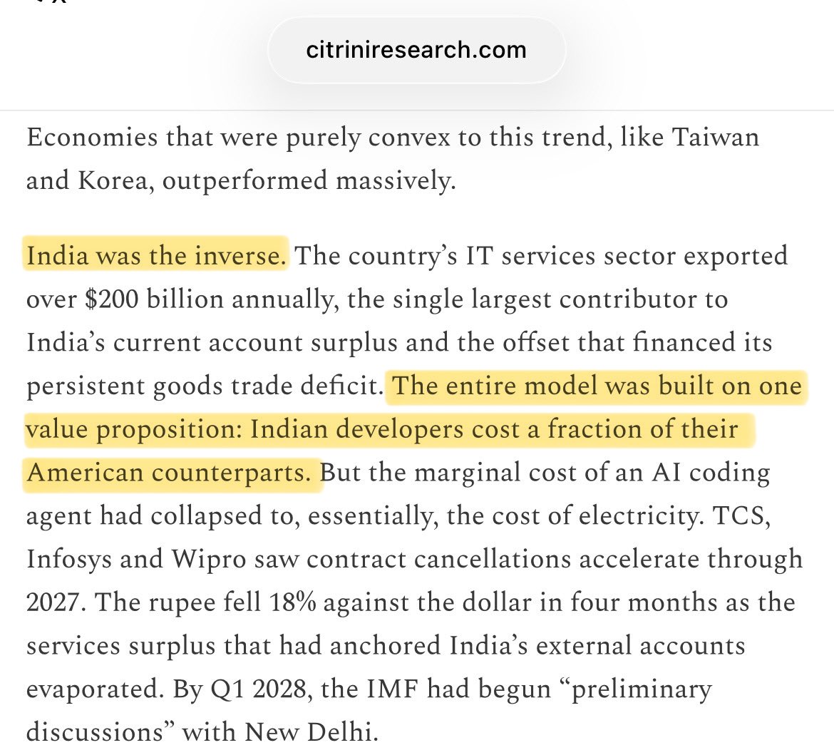 Geiger_Capital's tweet image. My favorite part of the @Citrini7 piece

India is going to be absolutely decimated due to their entire economy being reliant on providing cheap white-collar workers to the West.

Probably spot on, actually.