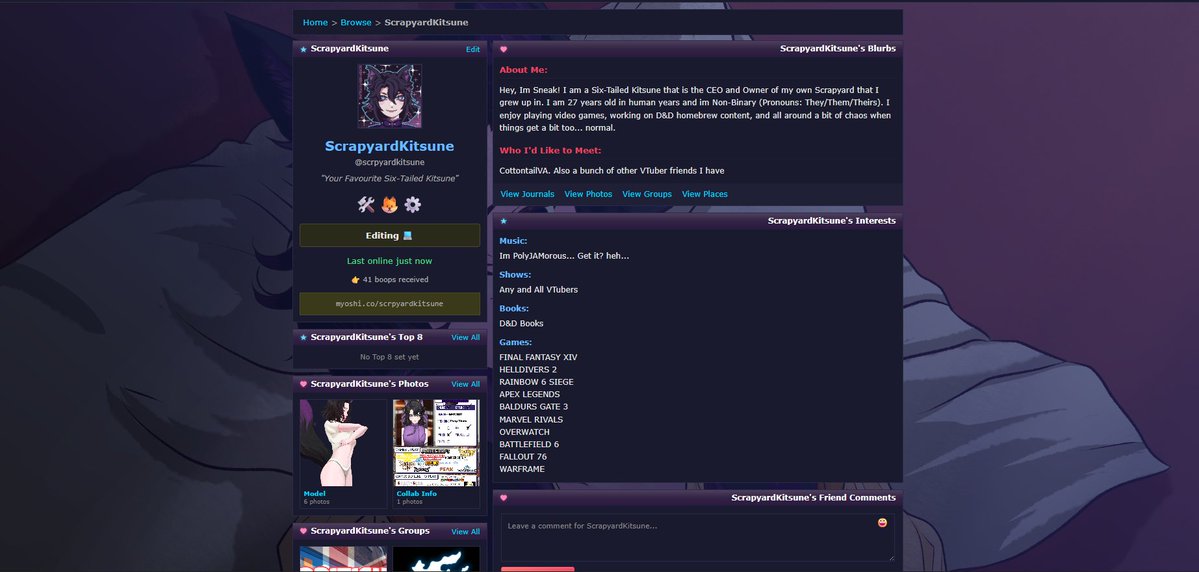 So is there anyone out there who could help me with making my Vtuber MySpace profile look a lot more fun? I have seen people with like custom cursors, custom layouts. Its all stuff I wanna do but I dont know how to.. please?
