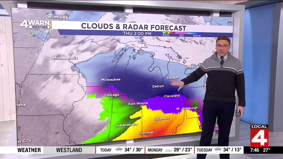 After Tuesday’s snow moves through the region, we’re tracking another area of low pressure forecast to move through the Ohio Valley on Thursday. As of now, we’d be on the cold side of this system, which means snow. Too early to pinpoint accumulation just yet… #MIWX <a href="/Local4News/">Local 4 WDIV Detroit</a>