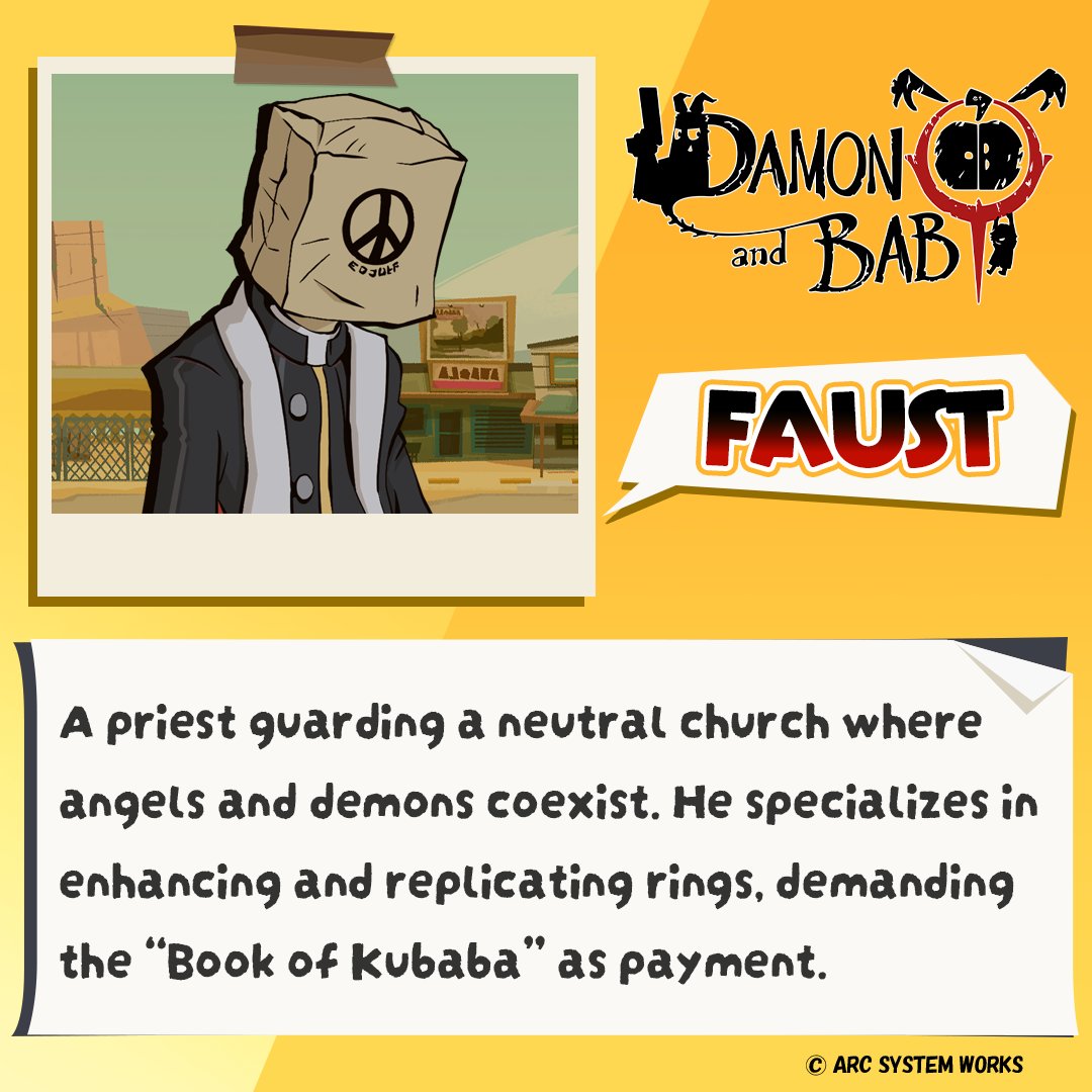 ArcSystemWorksU's tweet photo. 🔊DAMON and BABY Character Profile: "Faust"

A priest guarding a neutral church where angels and demons coexist. He specializes in enhancing and replicating rings, demanding the “Book of Kubaba” as payment.

Wishlist DAMON and BABY today!⬇️
Steam: https://t.co/qOeSaO2FBu
PlayStation: https://t.co/rDpgG0phBi
Nintendo Switch: https://t.co/SBdF8G5hBt

#DAMONandBABY